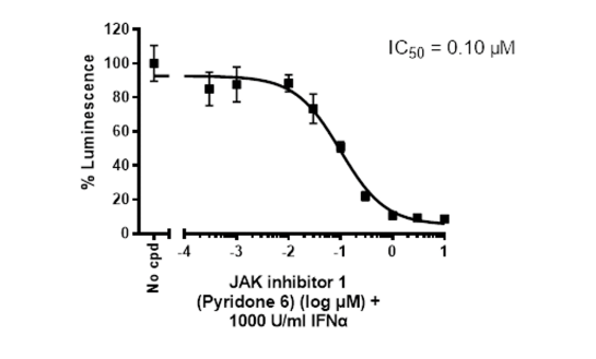 Inhibition of IFNα-induced Reporter Activity by JAK Inhibitor I in ISRE Reporter – HEK293 Cells